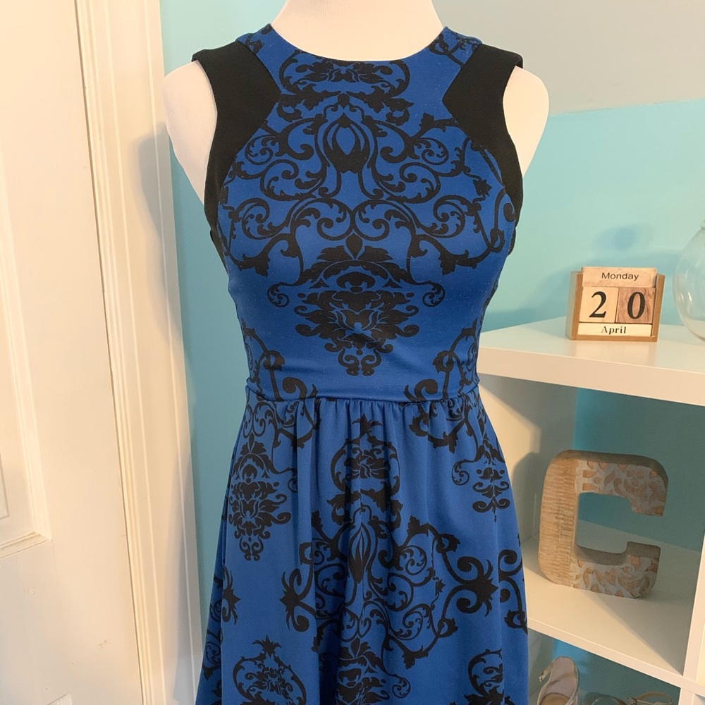 Elegant black and blue semi-formal mini dress
